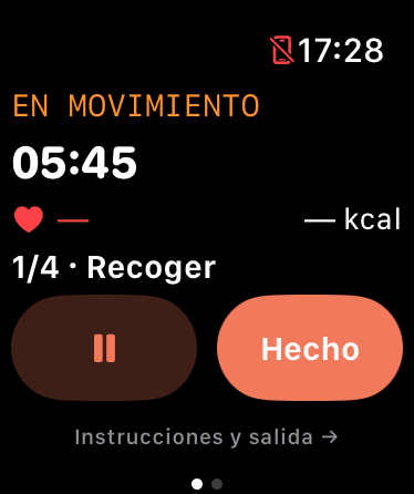 Entreno de Wodmop en Apple Watch: tiempo activo, bloque Recoger, botón de pausa y botón Hecho; métricas de Salud sin datos