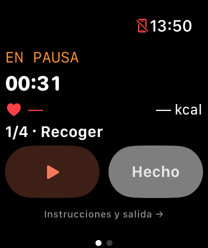 Wodmop en pausa en Apple Watch: cronómetro detenido y botón para reanudar